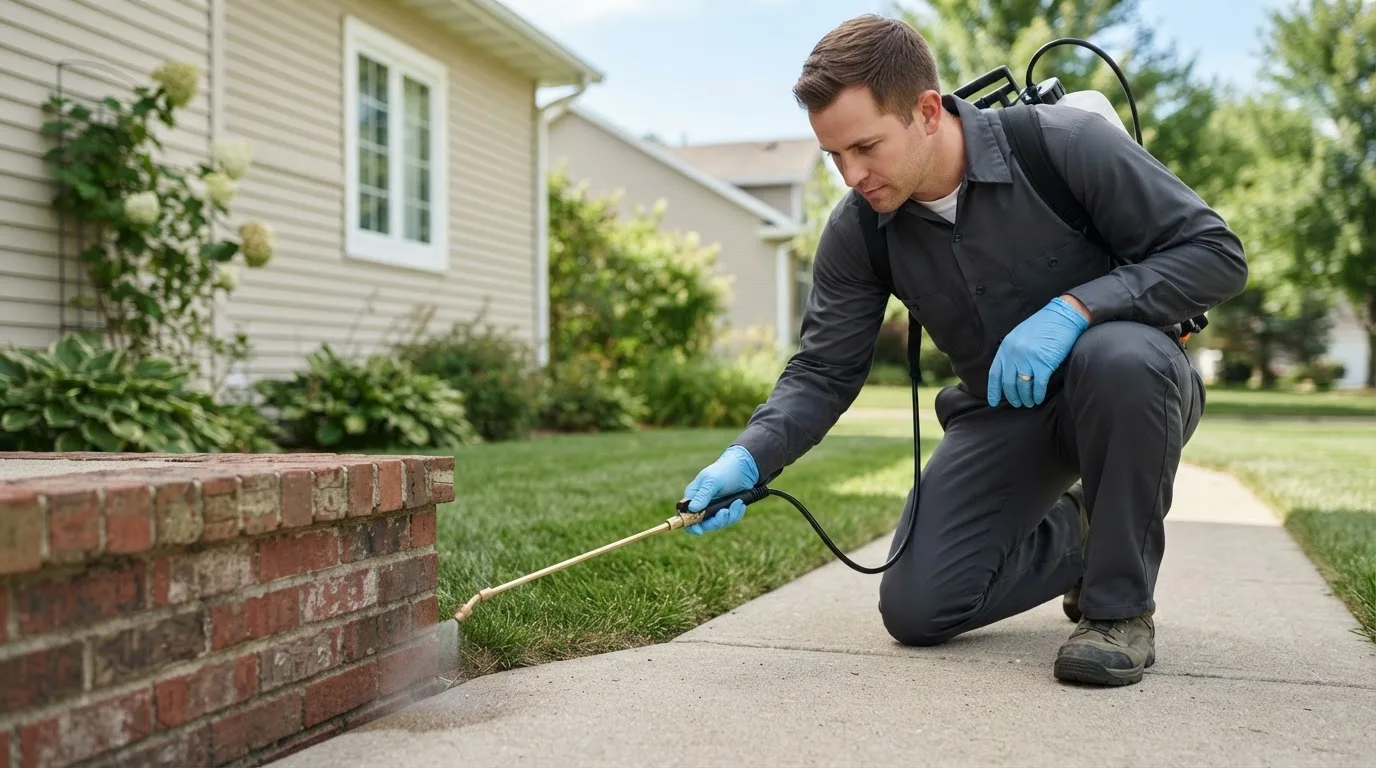 Pest control technician treating a home near New Cumberland, PA